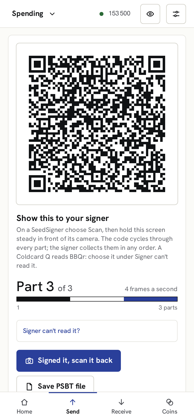 The demo on a phone, showing a QR code for the signer, part 3 of 3, with a button to scan the signed transaction back.